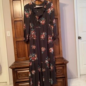 LOFT Black Floral Long Sleeve Dress